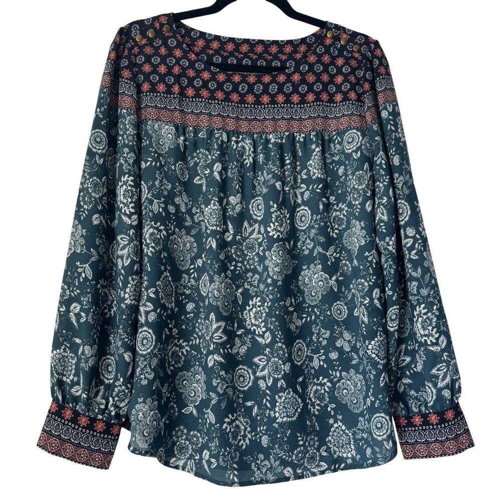 Loft Women's Long Sleeve Boho Style Floral Print Blouse Top Button Cuff, Size M